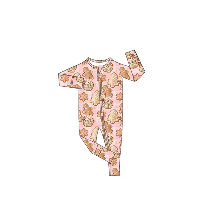 Preorder(moq 5)Baby Girls Long Sleeves Pink Gingerbread Trees Zipper Pant Rompers 7.24