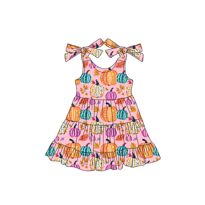 Preorder (moq 5)Baby Girls Bows Sleeveless Colorful Pumpkins Plaid Ruffle Knee Length Dresses 6.12