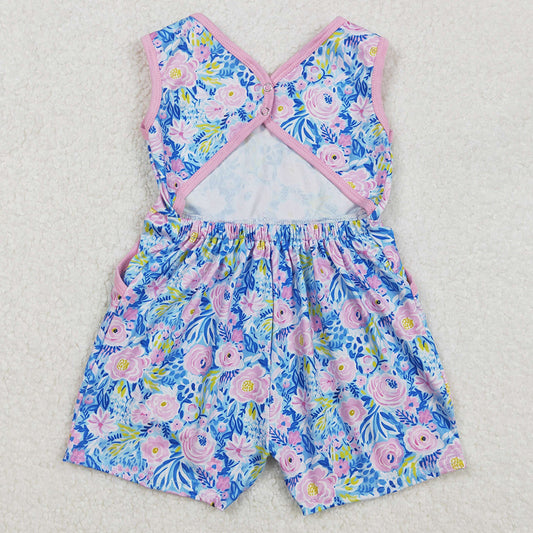 Baby Girls Jumpsuits Blue Pink Flowers Sleeveless Bows Shorts Jumpsuits SR2521