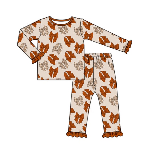 Preorder(moq 5) Baby Girls Long Ruffle Sleeves Khaki Bows Plaid Top Pants Pajamas Set 7.22