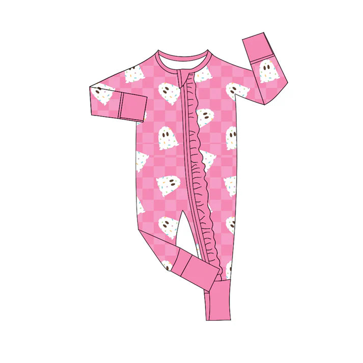 Preorder (moq 5)Baby Girls Long Sleeves Pink Ghosts Plaid Ruffle Zipper Romper 7.2