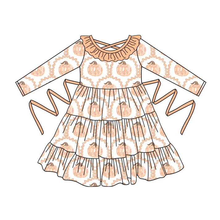 Preorder moq 5 Baby Girls Long Sleeves Pumpkins Plaid With Belt Ruffle Knee Length Dresses 5.2