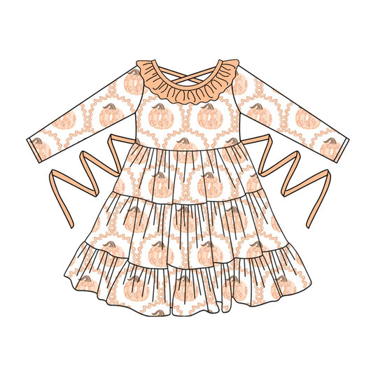 Preorder moq 5 Baby Girls Long Sleeves Pumpkins Plaid With Belt Ruffle Knee Length Dresses 5.2