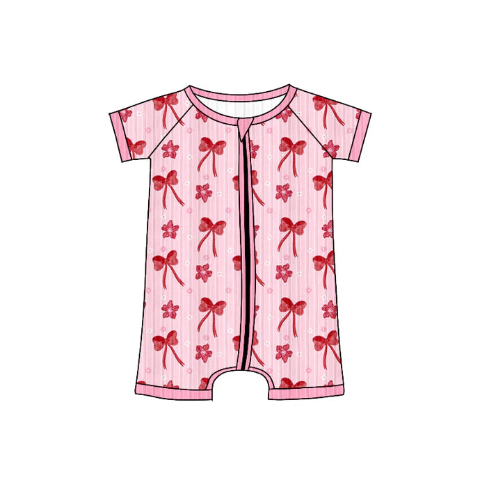 Preorder (moq 5)Baby Girls Pink Short Sleeves Bows Flowers Ribbed Zipper Rompers 6.3