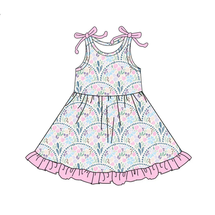 Preorder (moq 5)Baby Girls Bows Sleeveless Colorful Sea Plants Ruffle Knee Length Dresses 6.12
