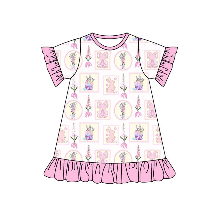 Preorder (moq 8)Baby Girls Flowers Rabbits Checked Easter Ruffle Knee Length Dresses 9.17