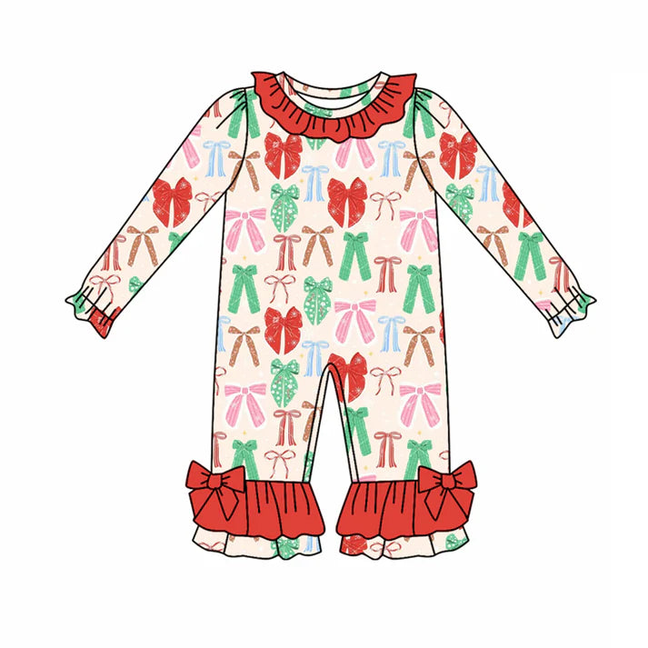 Preorder(moq 5)Baby Infant Girls Green Red Bows Plaid Ruffle Pant Christmas Rompers 7.30
