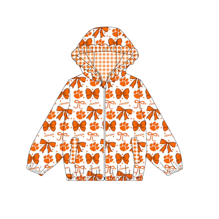 Preorder (moq 5)Baby Girls Orange Clemson Bows Zip Ruffle Hooded Cardigan Jackets Tops 8.29