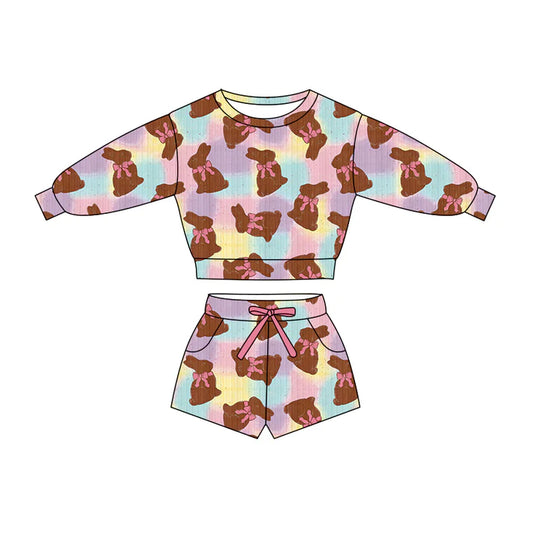 Preorder (moq 5)Baby Girls Tie-dye Bow Rabbits Top Pockets Shorts Easter Clothes Sets 11.27