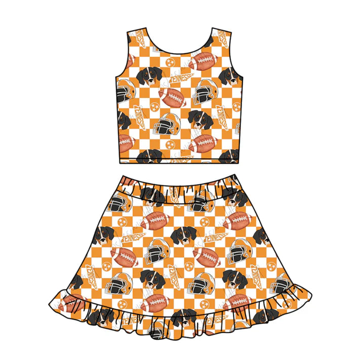 Preorder (moq 5)Baby Girls Orange Checked Football Dogs Vests Ruffle Skirt Shorts Team Clothes Set 1.10