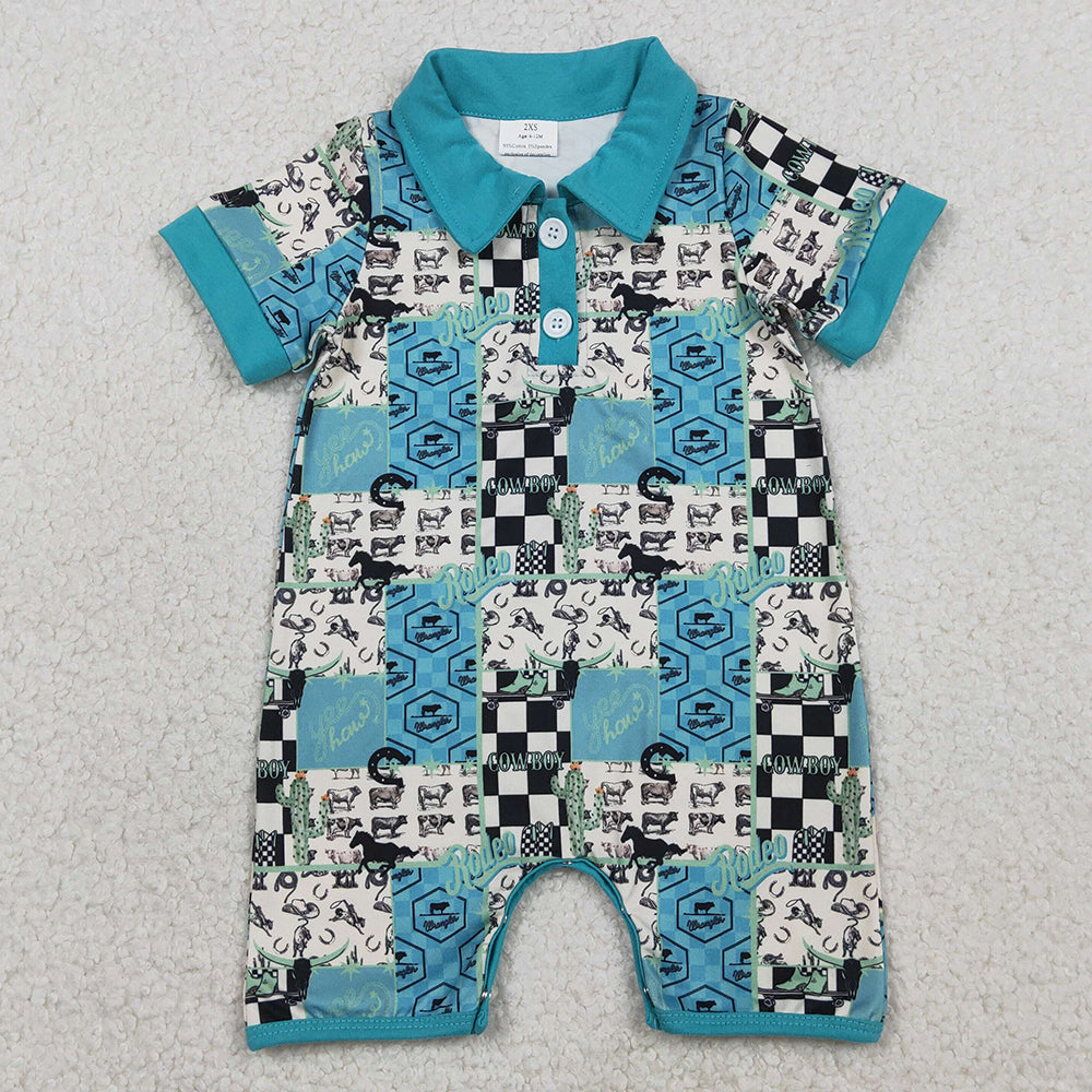 Baby Boys Rompers Short Sleeve Boot Horses Cowboy Western Button Rompers SR3723 1.12