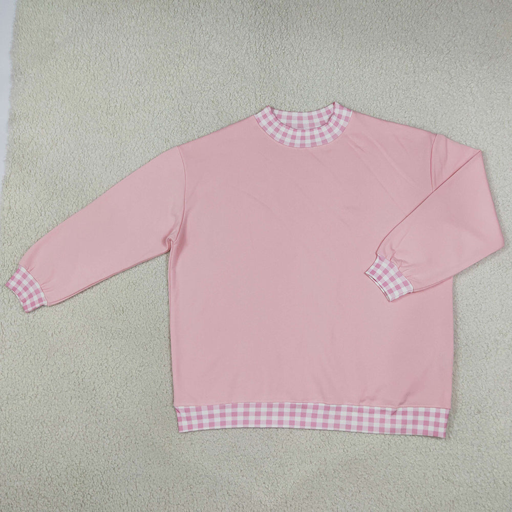 Adult Women Pink Long Sleeve Sweater Gingham Choker Tee Shirts Tops GT1794