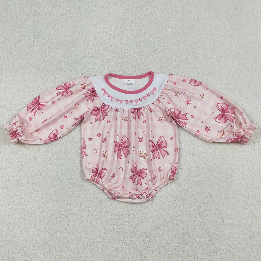 Baby Girls Rompers Embroidery Bows Pink Stars Valentines Ruffle Rompers LR2771 12.20