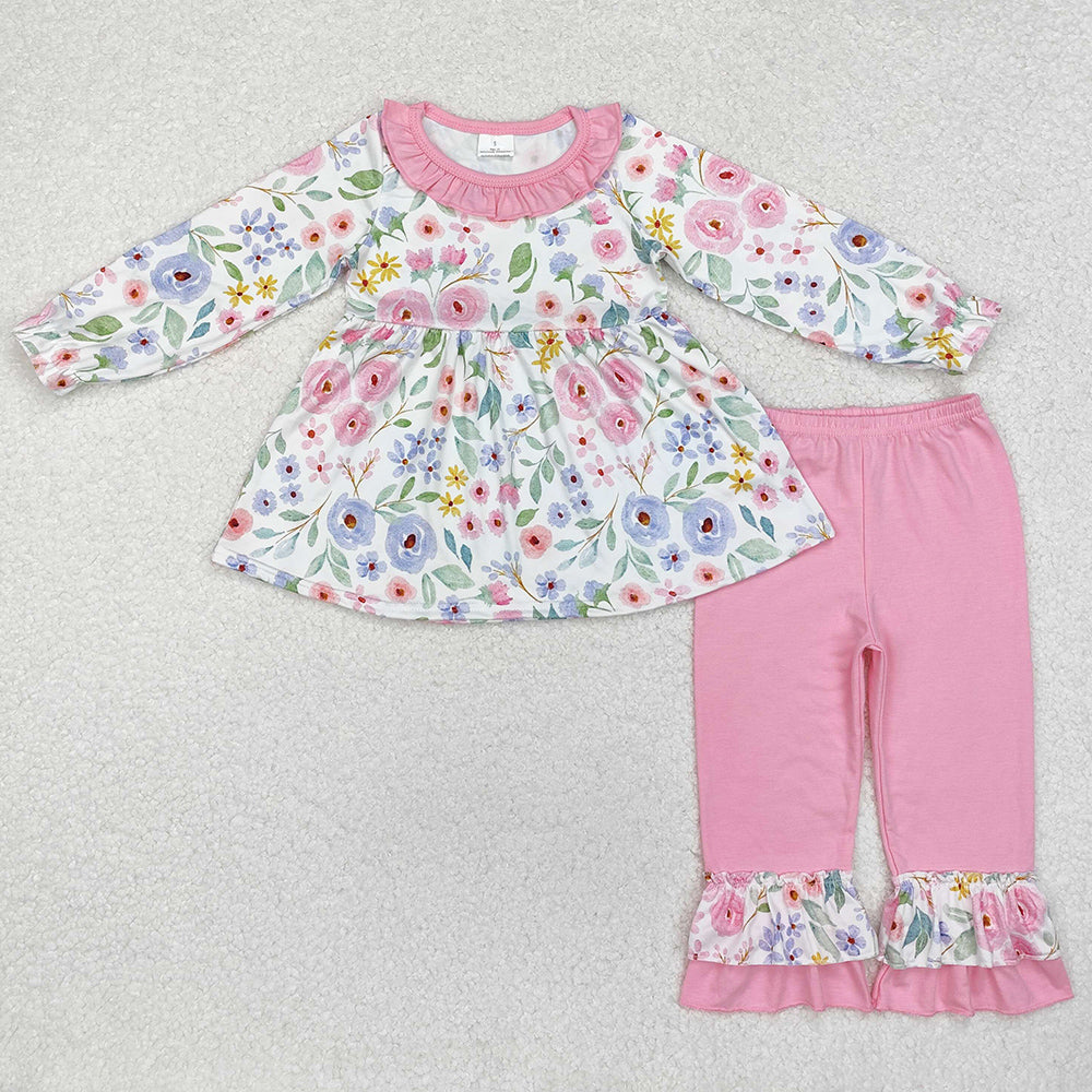 Baby Girls Clothes Pink Lavender Flowers Tunic Tops Pants Sets GLP1699