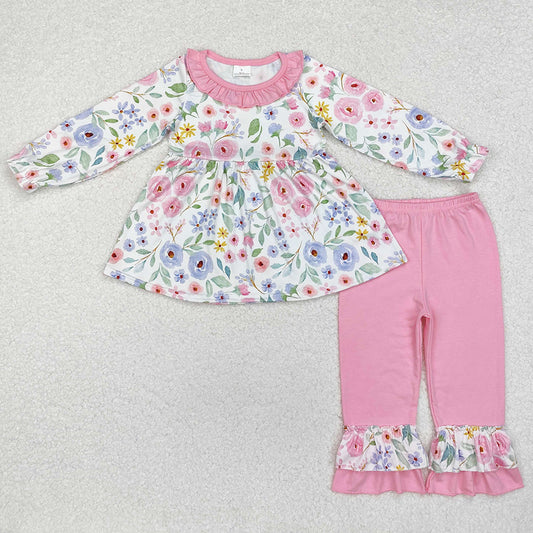 Baby Girls Clothes Pink Lavender Flowers Tunic Tops Pants Sets GLP1699