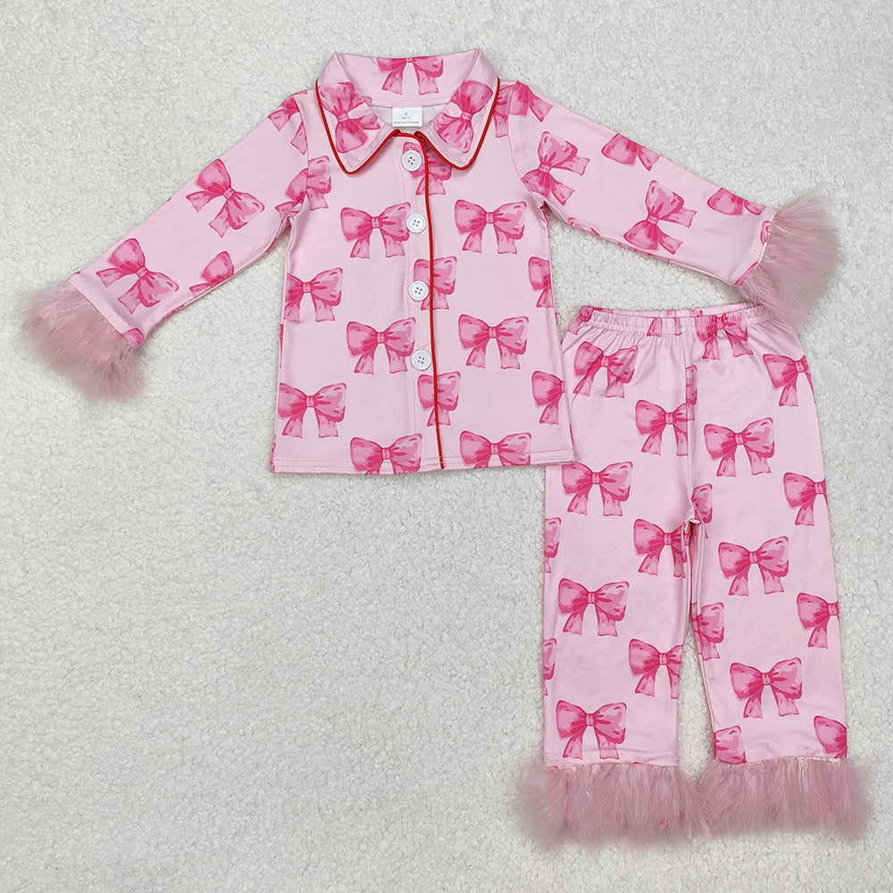 Baby Girls Pajamas Pink Bows Fur Buttons Shirt Pants Pajamas Clothes Sets GLP2289