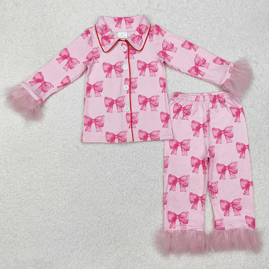 Baby Girls Pajamas Pink Bows Fur Buttons Shirt Pants Pajamas Clothes Sets GLP2289
