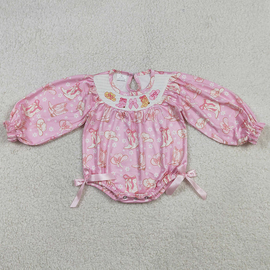Baby Girls Rompers Smocked Boots Bows Pink Flowers Western Ruffle Rompers LR2938 1.1
