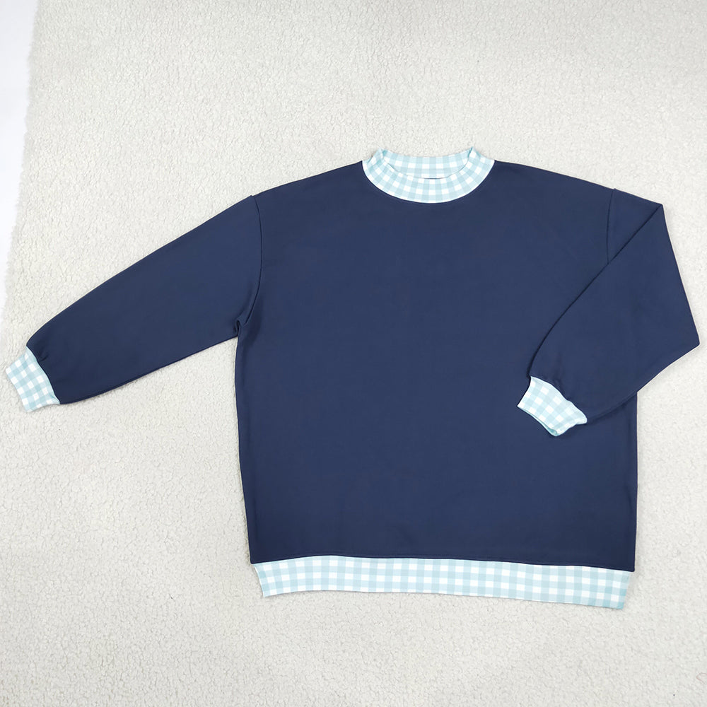 Adult Women Clothes Navy Long Sleeve Sweater Gingham Choker Tee Shirts Tops GT1797