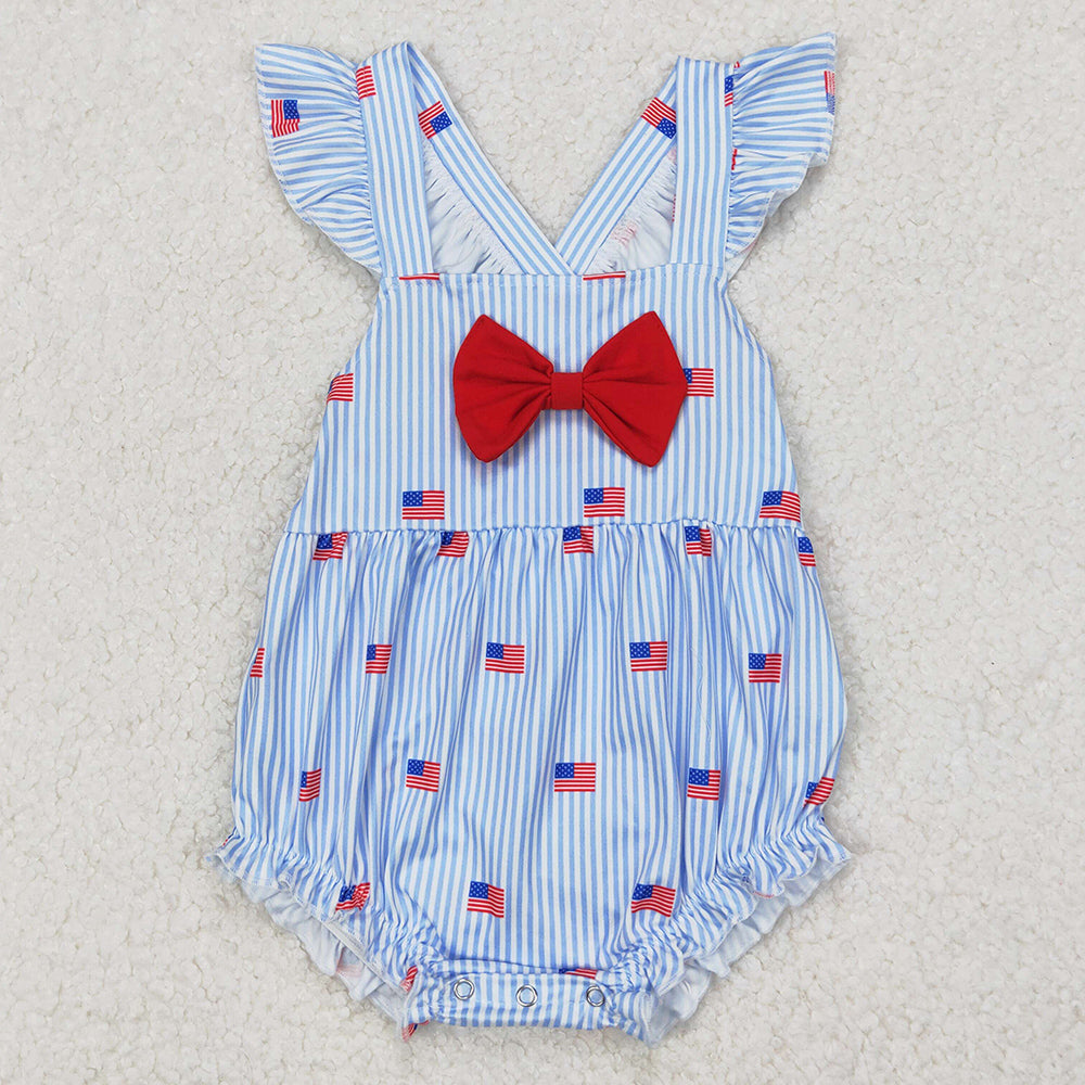 Infant Baby Girls Rompers Blue Stripe Flags Bow 4th Of July Rompers SR2921 3.24