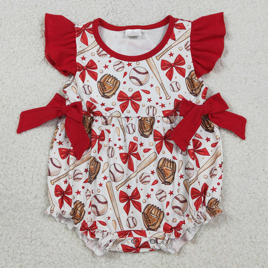 Baby Girls Rompers Flutter Sleeve Baseballs Bows Team Ruffle Rompers SR3834
