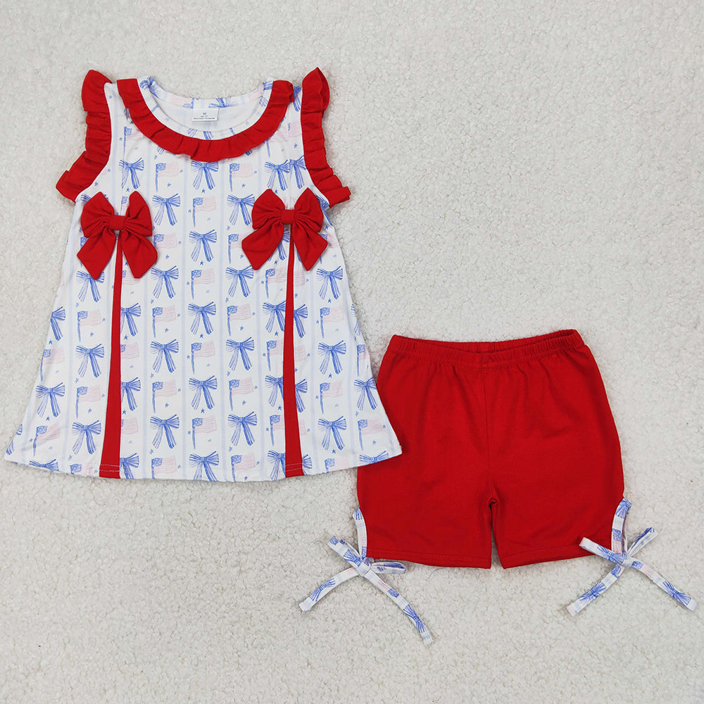 Baby Girls Clothes Red Blue Bows Flags Tunic Tops Ruffle Shorts 4th Of July Sets GSSO2373 3.25