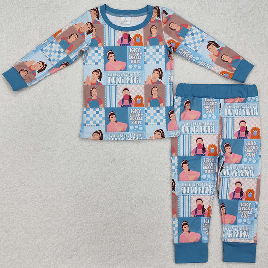 Baby Girls Pajamas Blue Teacher Checkered Tops Pants Pajamas Clothes Sets BLP1059