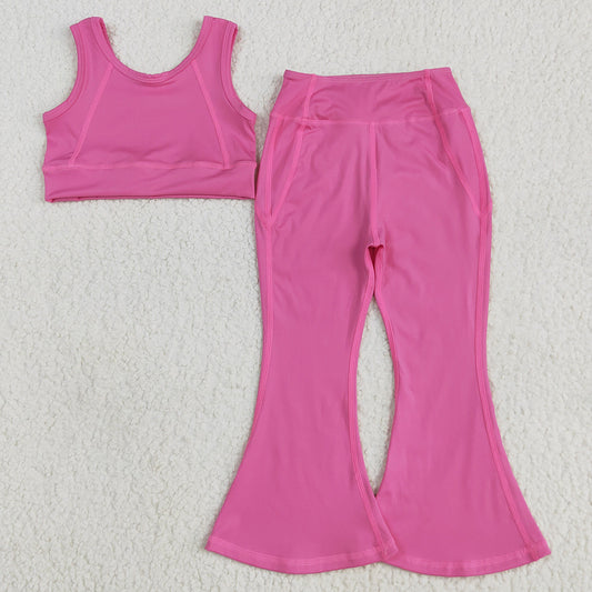 Baby Girls Clothes Dark Pink Yoga Vest Bell Bottom Pants Active Wear Clothes Sets GSPO2002 5.22