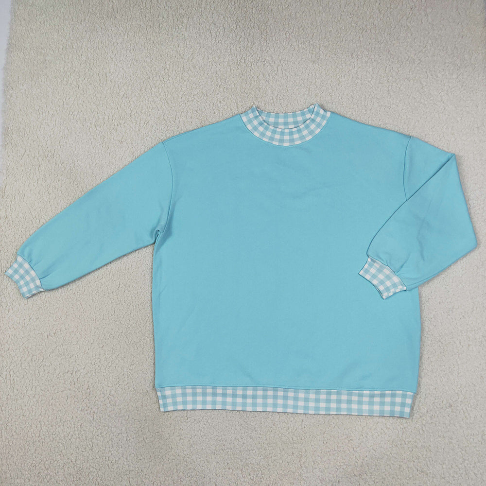Adult Women Blue Long Sleeve Sweater Gingham T-shirts Top GT1795