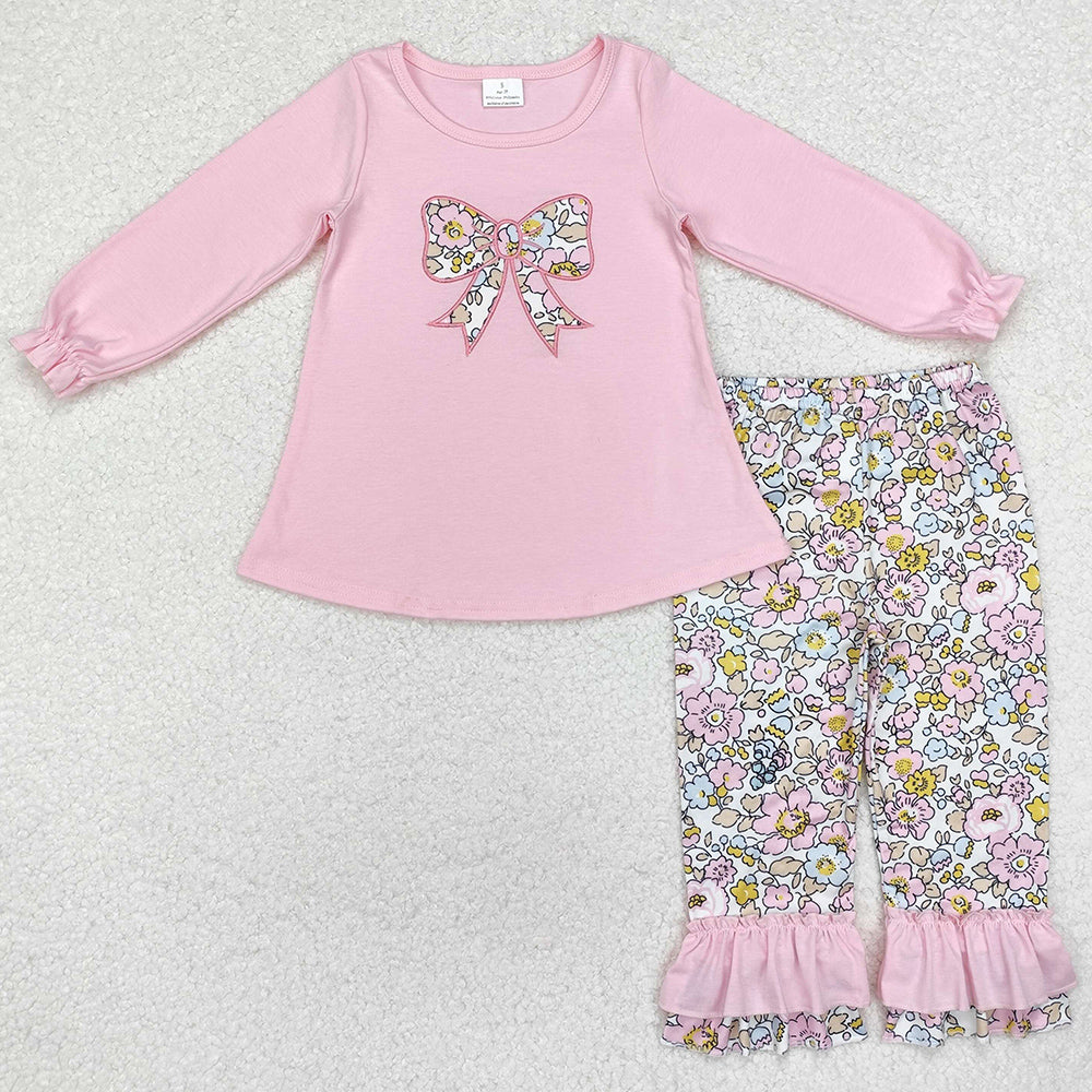 Baby Girls Clothes Pink Flowers Bow Tunic Tops Ruffle Pants Outfits GLP1836