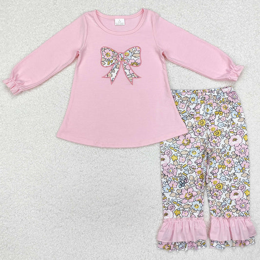 Baby Girls Clothes Pink Flowers Bow Tunic Tops Ruffle Pants Outfits GLP1836
