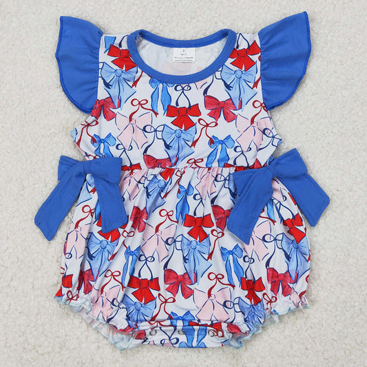 Baby Girls Rompers Flutter Sleeves Blue Hot Bows 4th Of July Ruffle Rompers SR2954 3.26