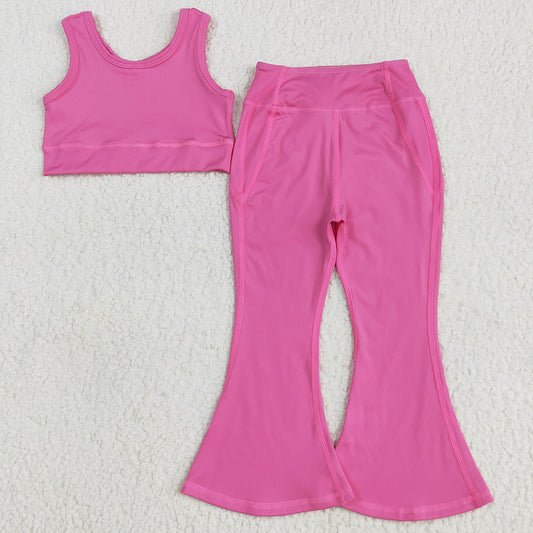 Baby Girls Clothes Dark Pink Yoga Vest Bell Bottom Pants Active Wear Clothes Sets GSPO2002 5.22
