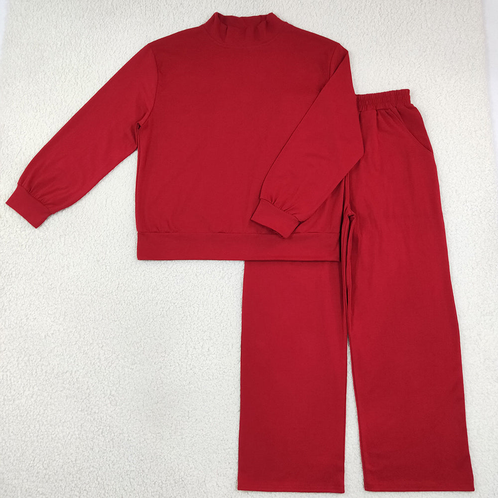 Adult Women Maroon Choker Top Pockets Flare Pants Fall Pajamas Clothes Sets GLP3418