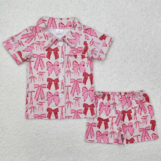Baby Girls Pajamas Pink Bows Pocket Buttons Shirt Shorts Pajamas Sets GSSO1718
