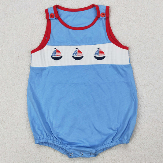Smocked Baby Boys Rompers 4th Of July Sailboats Sleeveless Rompers SR2574 3.27