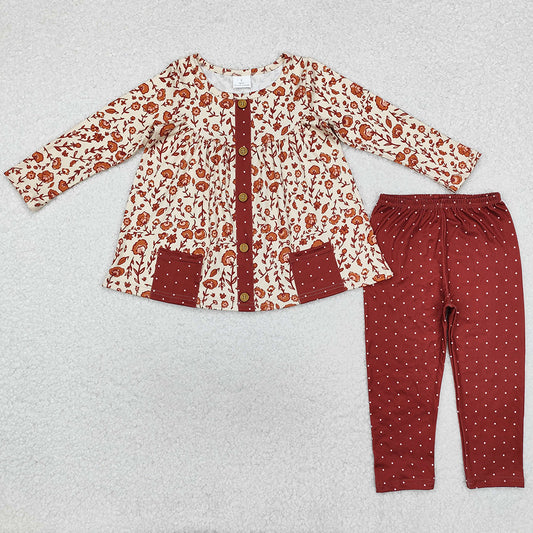 Baby Girls Clothes Fall Brown Flowers Tunic Tops Legging Clothes Sets GLP1894