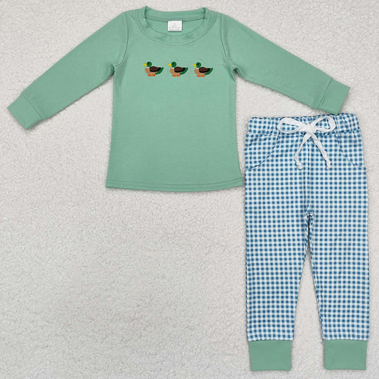 Baby Boys Clothes Green Ducks Tee Shirts Top Checkered Pants Clothes Sets BLP1021