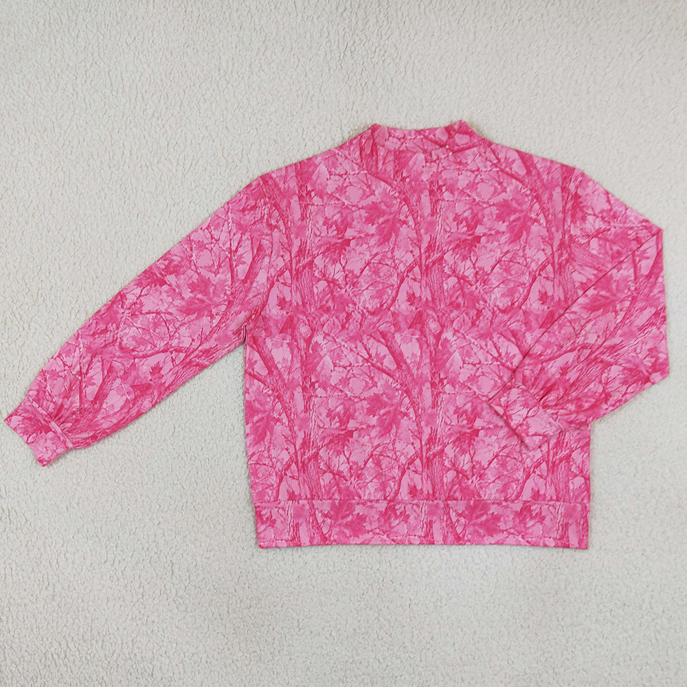Adult Women Pink Leaves Camo Long Sleeve Choker T-shirts Top GT1824
