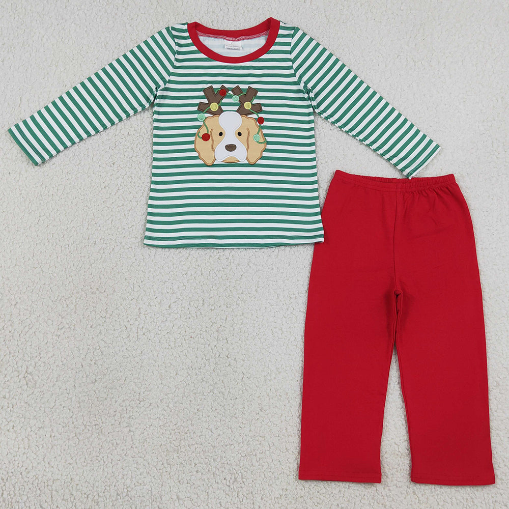 Baby Boys Clothes Embroidery Lights Dogs Green Stripe Top Pants Christmas Clothes Sets BLP1502