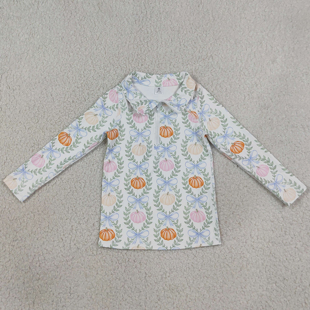Baby Girls Clothes Pumpkins Bows Checked Yoga Active Half Zip Fall Pullovers Top GT1705