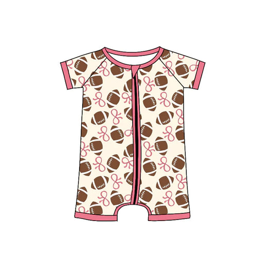Preorder (moq 5)Baby Girls Pink Bows Footballs Plaid Team Zipper Shorts Rompers 12.6