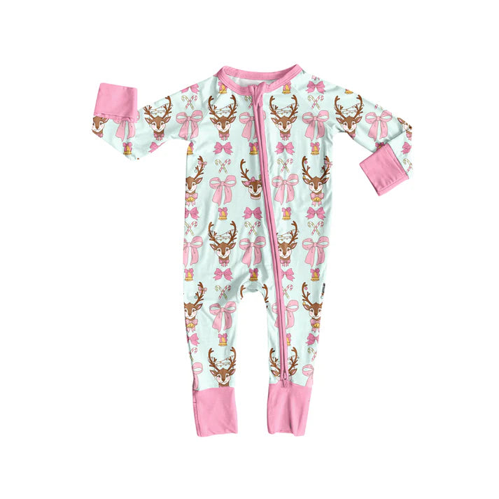 Preorder (moq 5)Baby Girls Long Sleeves Pink Bows Deer Candy Cane Plaid Zipper Romper 7.2