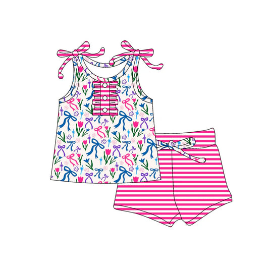 Preorder (moq 5)Baby Girls Pink Strap Button Colorful Bows Flowers Tunic Stripe Short Set 5.13