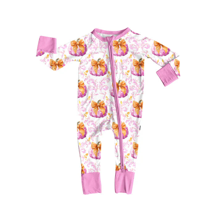 Preorder (moq 5)Baby Girls Long Sleeves Pink Floral Bows Pumpkins Plaid Zipper Pant Rompers 6.13
