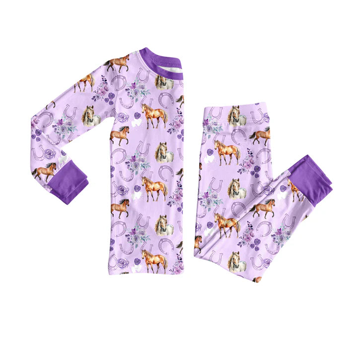 Preorder (moq 5)Baby Girls Flowers Horse Shoes Top Pants Western Pajamas Sets 12.4