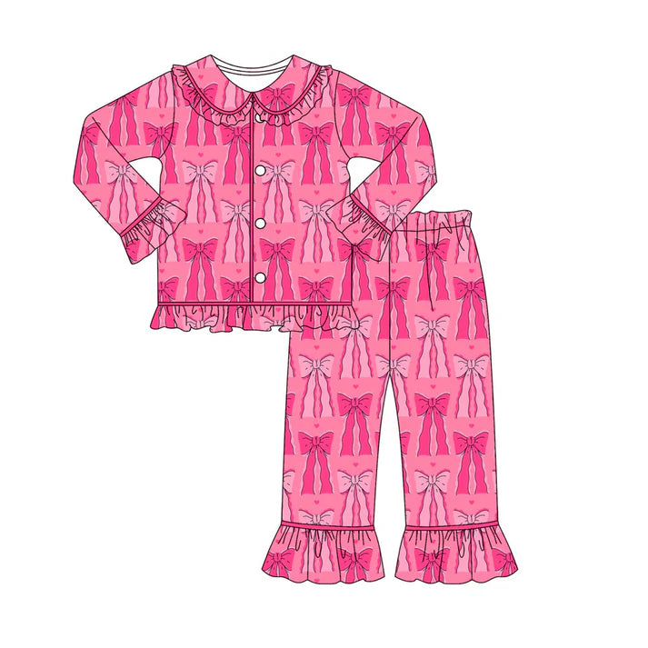 Preorder (moq 8)Baby Girls Pink Hearts Bows Button Top Pants Valentine Pajamas Sets 9.22