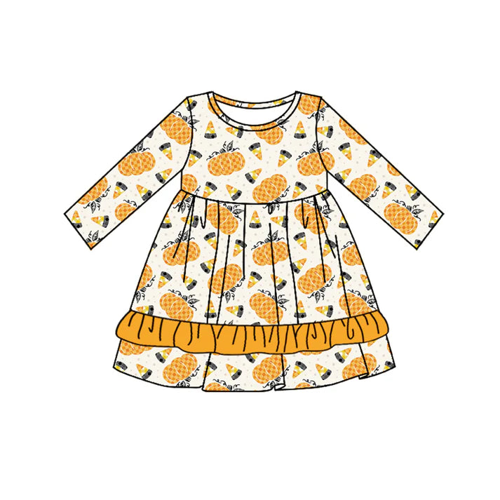 Preorder moq 5 Baby Girls Long Sleeves Yellow Pumpkins Ruffle Knee Length Dresses 5.2