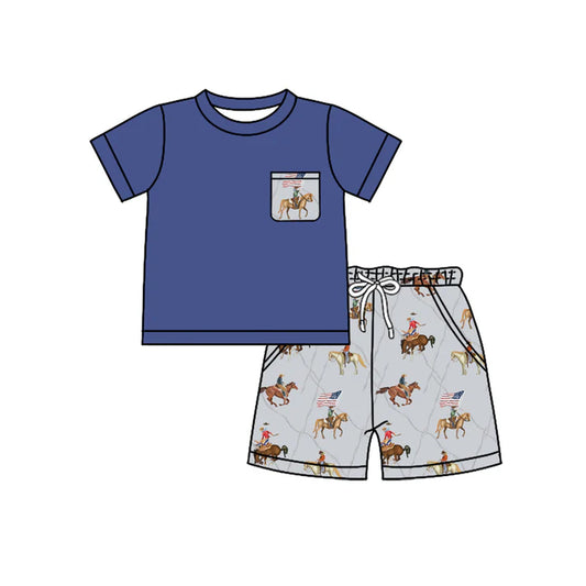 Preorder moq 5 Baby Boys Navy Short Sleeves Pocket Top Horse Rodeos Flag Short 4th Of July Set 4.14