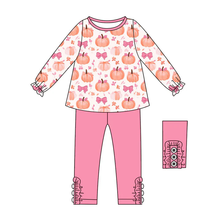 Preorder (moq 5)Baby Girls Long Ruffle Sleeves Bows Pumpkins Tunic Pink Legging Pant Sets 6.11